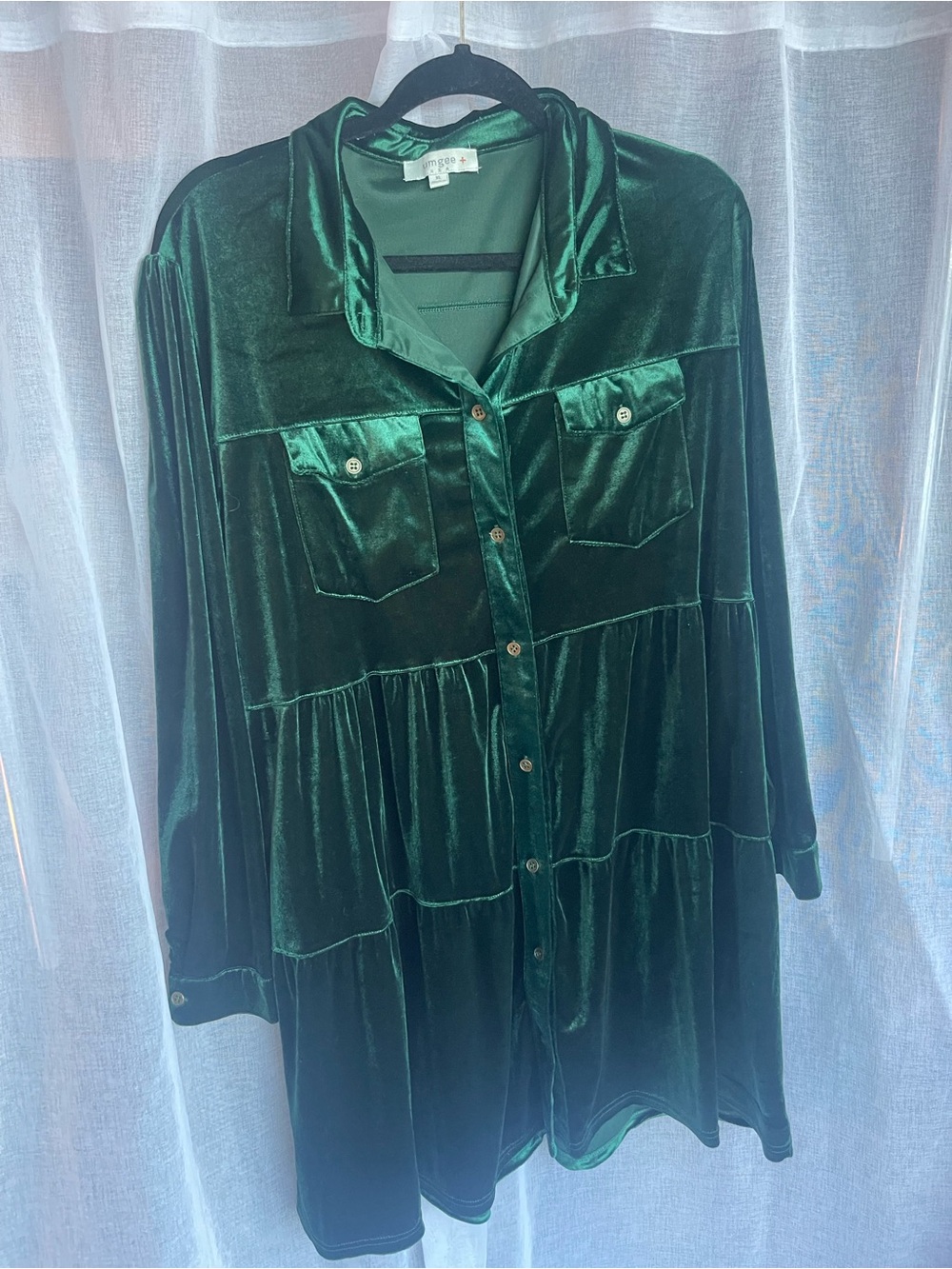 Umgee Emerald Green Velvet Button-Front Tiered Shirt Dress – Size XL